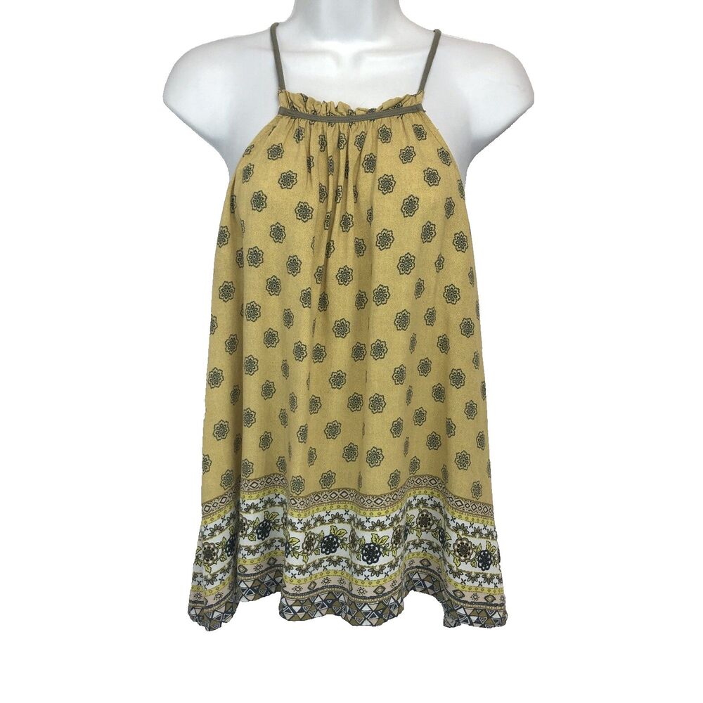 Hem & Thread Womens Yellow Black Sleeveless Tank Medium Boho Beachy Flowers M